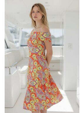 Lauren Ralph Lauren Womens Orange Paisley Off-Shoulder Midi Dress Size L Cotton